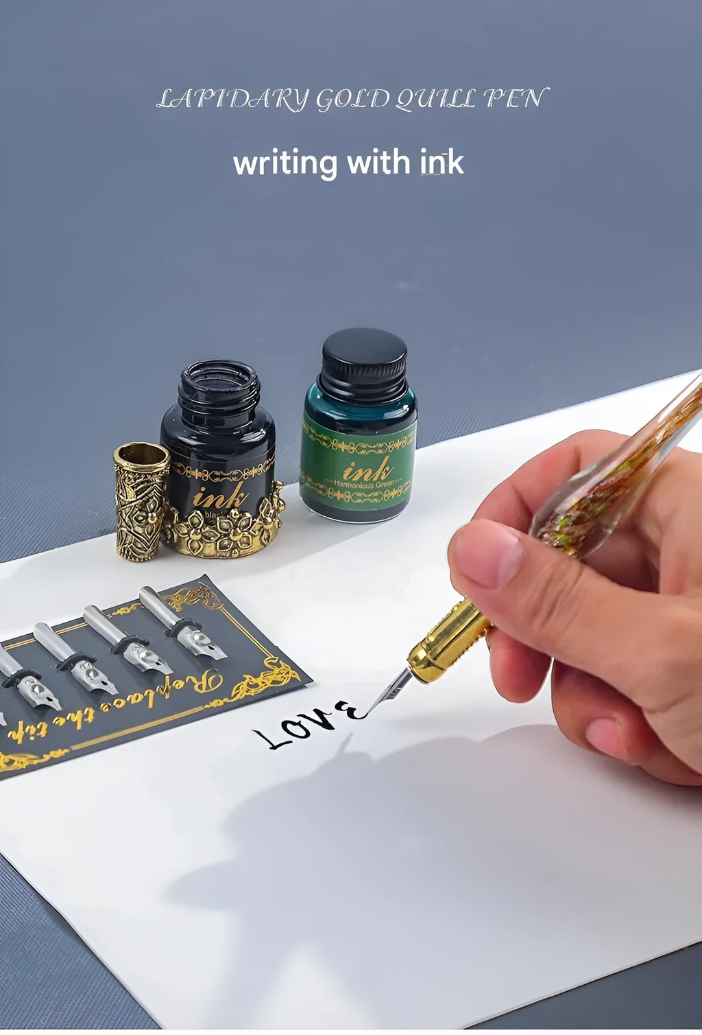 Gray mechanical feather fountain pen set with metal nib and plastic body for calligraphy