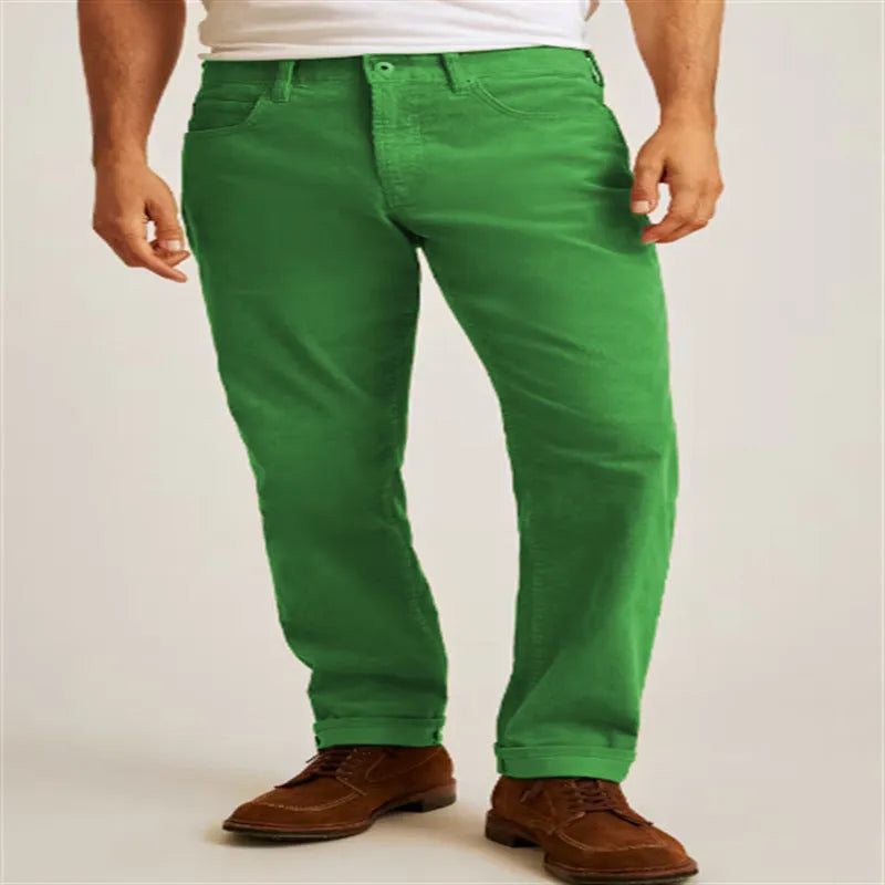 Corduroy straight-leg casual trousers in solid colours with mid waist and zip fly