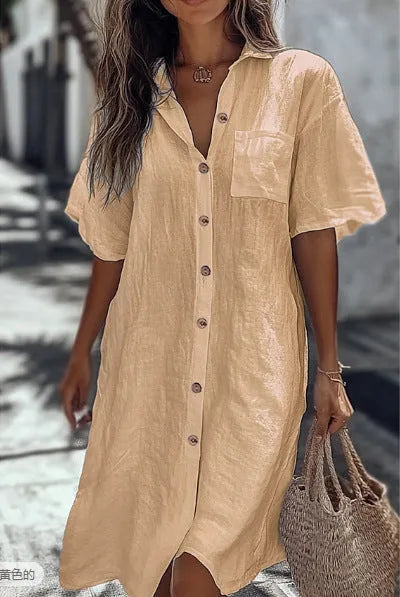 Long button short sleeve shirt in ginger yellow with loose fit and long length