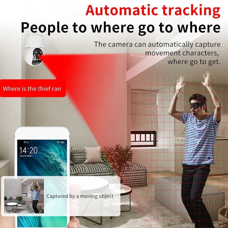 White indoor WiFi security camera with 360-degree rotation capability on stand