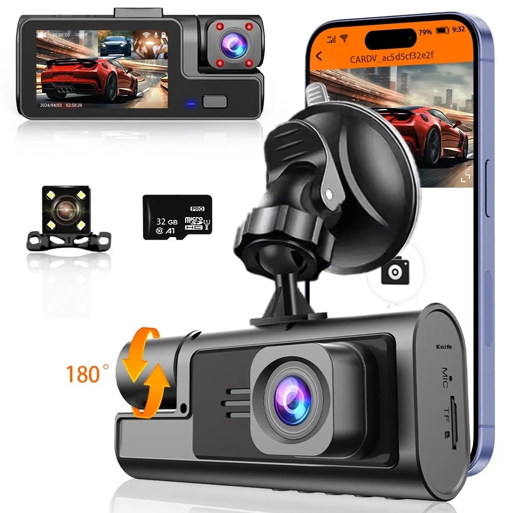 Black WiFi dash cam with 2-inch screen mounted on car windscreen, showing live rear camera view for parking.