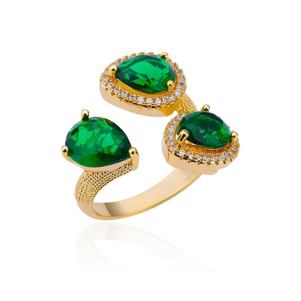 Green zircon flower ring with adjustable open-mouth stainless steel band, sizes 6 to 8, retro geometric design
