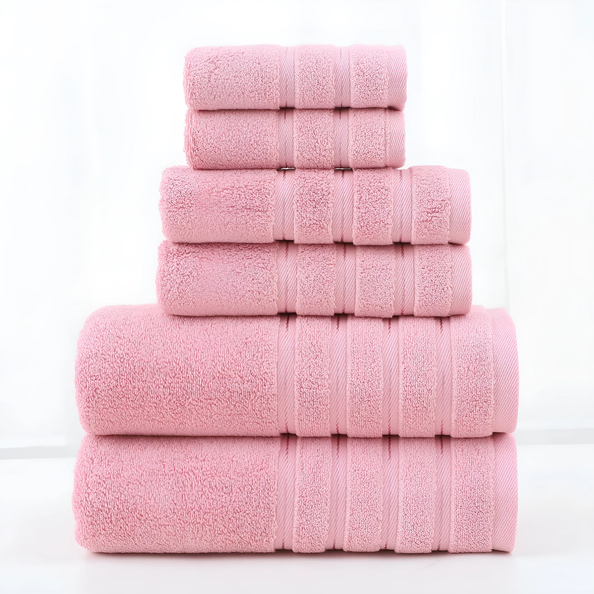 Combed cotton six-piece towel set in multiple colours including black, white, maroon, lavender, and light pink