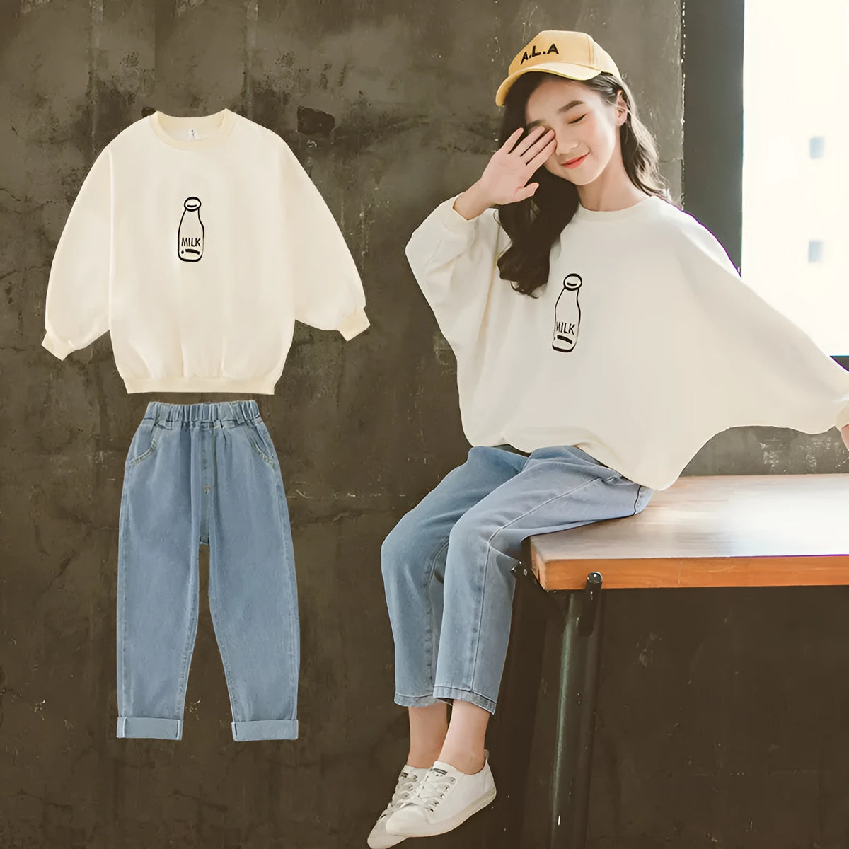 Girls' beer print top and jeans suit in white, long sleeves, Korean style, size 110-160cm