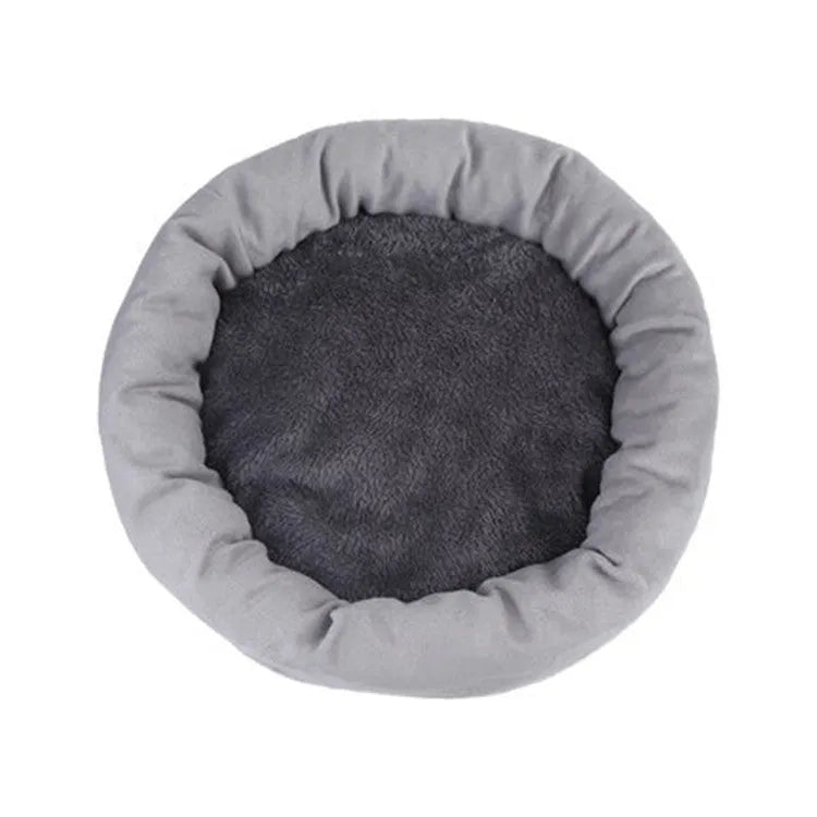 Winter warm PP cotton filled dog pet bed in light grey showing circular shape and soft texture with optional pillow