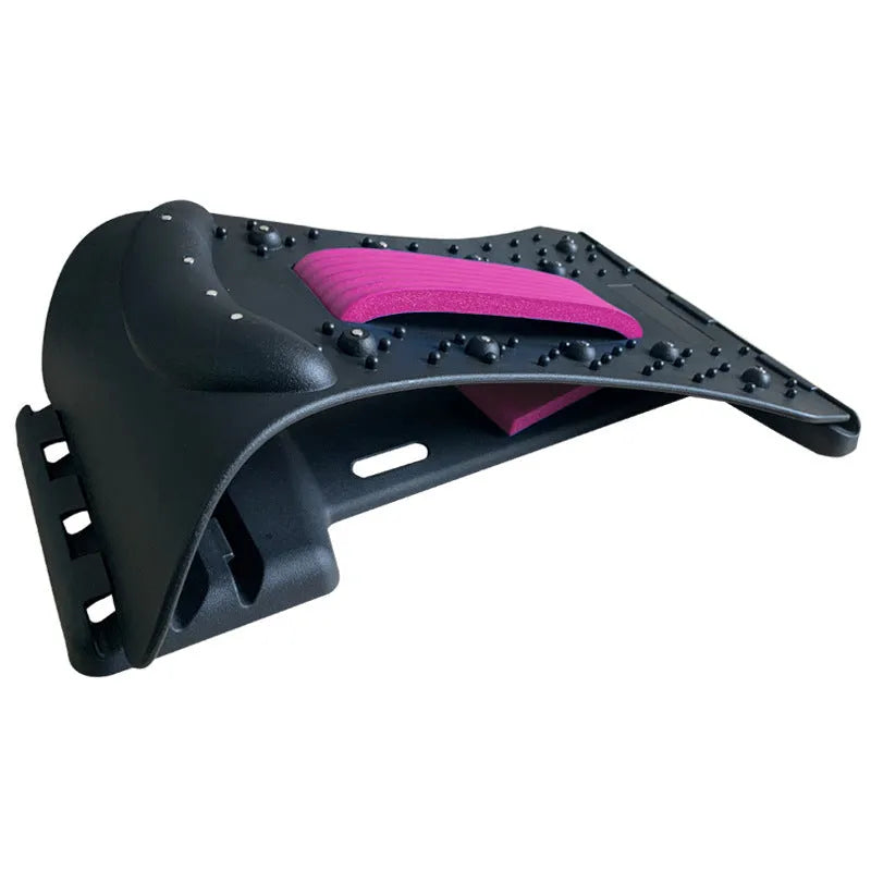 Adjustable back massager and lumbar stretcher in black and colour options, showing massage points.