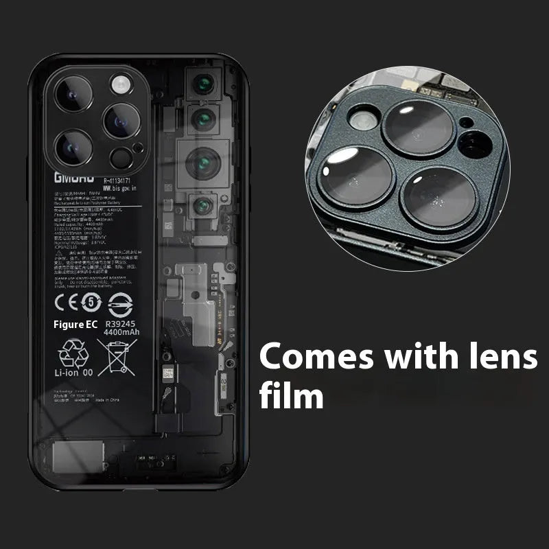Black glass phone case with creative circuit board design and included lens protector for iPhone