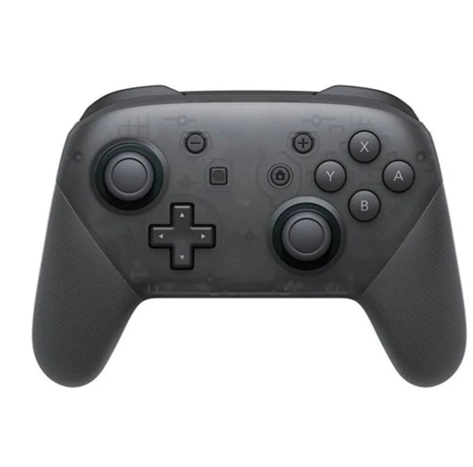 Black wireless Nintendo Switch controller with analogue sticks, face buttons, and LED indicators