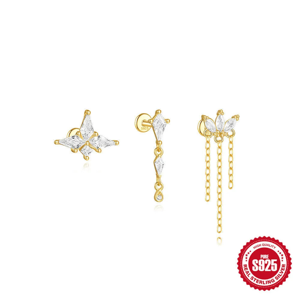 S925 sterling silver geometric kite-shaped earrings with rhinestones and a dangling chain tassel in a gold colour.