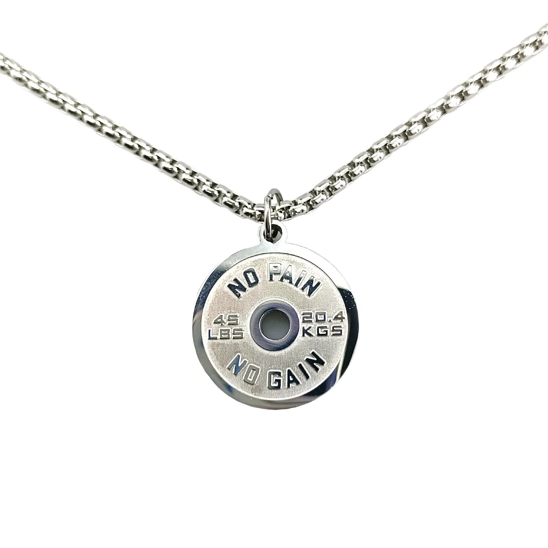 Stainless steel geometric barbell disk necklace pendant on a choice of gold, black, or pearl chain
