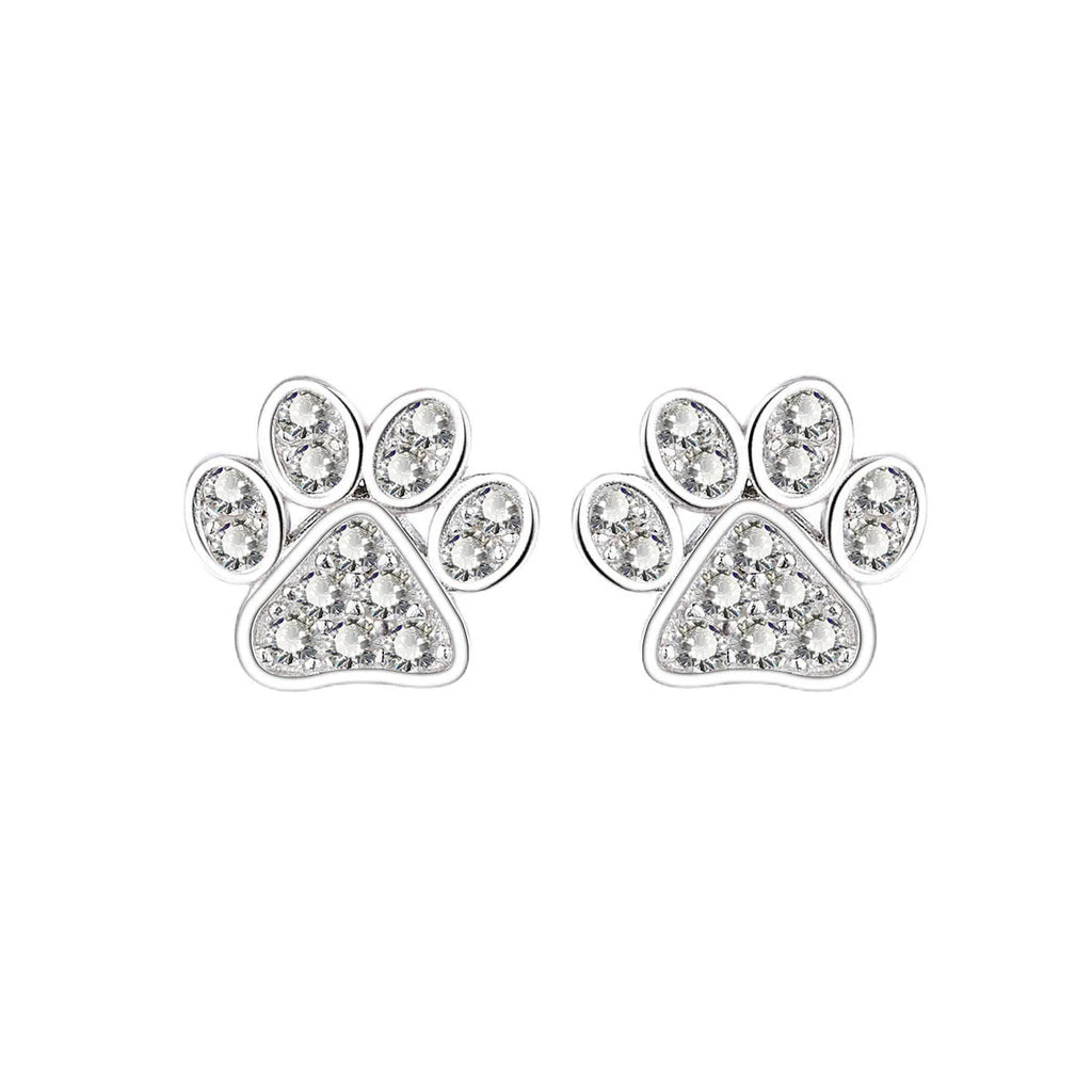 Pair of 925 sterling silver cat's paw stud earrings with full diamond zircon stone setting in silver