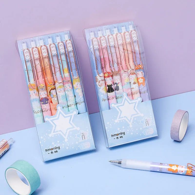 Six constellation cartoon gel pens with 0.5mm metal tips and blue ink
