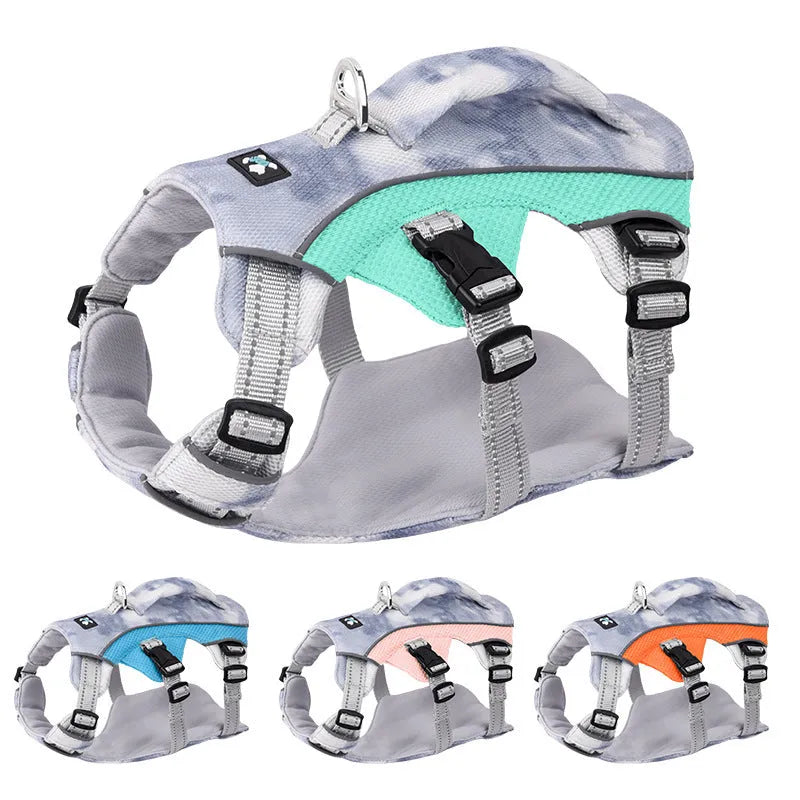 Reflective fluorescent dog harness chest strap in light blue colour, adjustable.