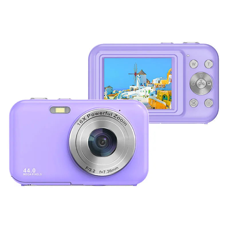 Children's digital camera in purple with a 2.4-inch screen shown displaying a photo.
