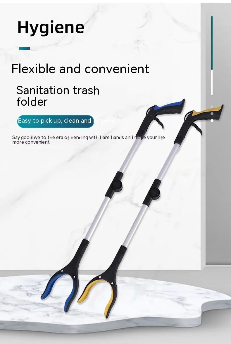 Foldable aluminium litter picker with magnet, shown extended and with blue handle.