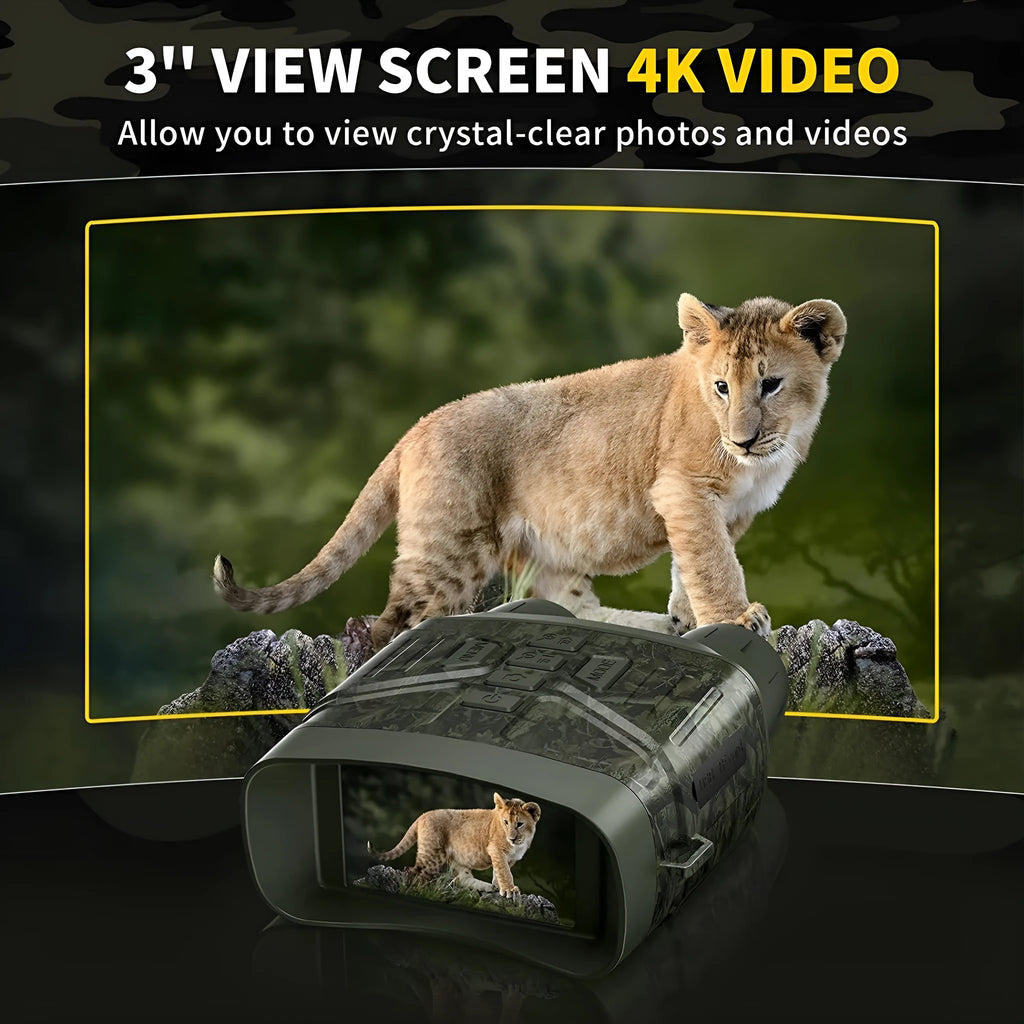 Black or camouflage 4K night vision instrument with display screen showing night vision footage.