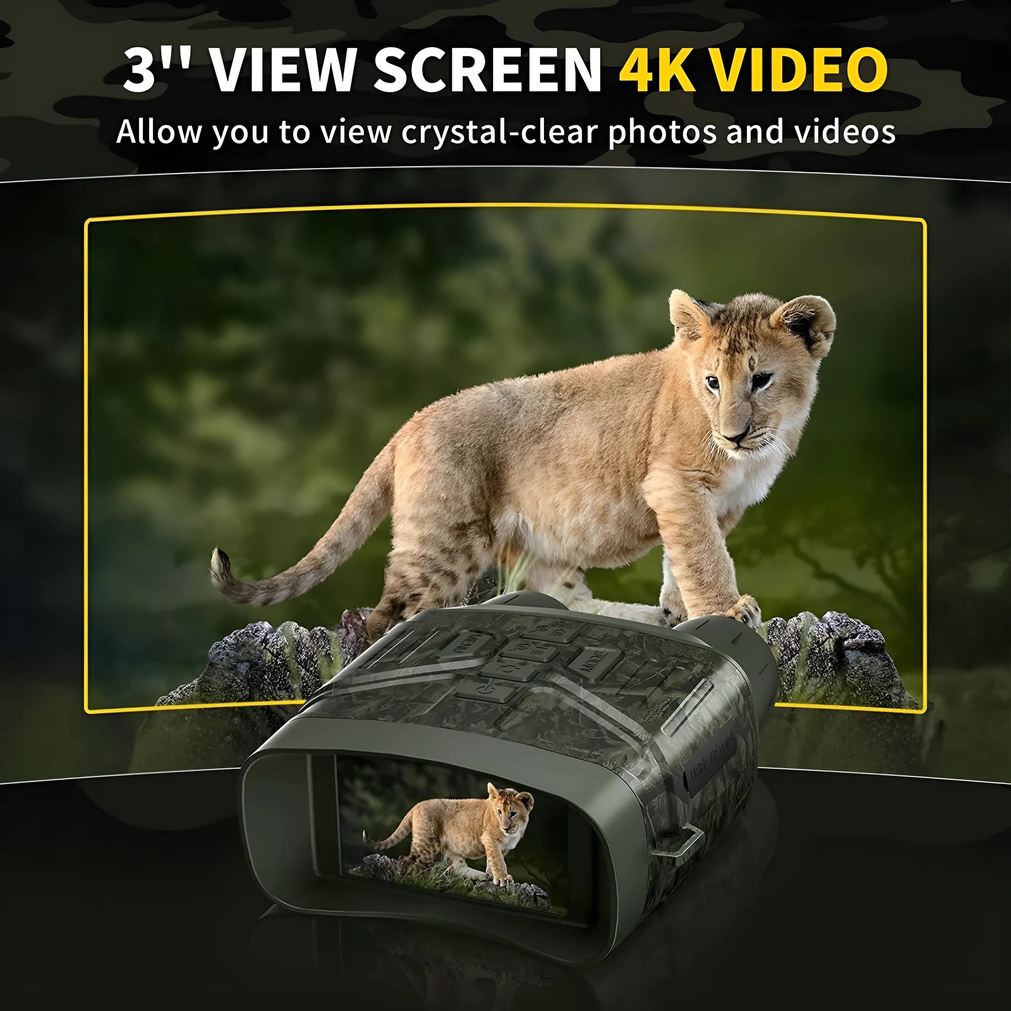 Black or camouflage 4K night vision instrument with display screen showing night vision footage.
