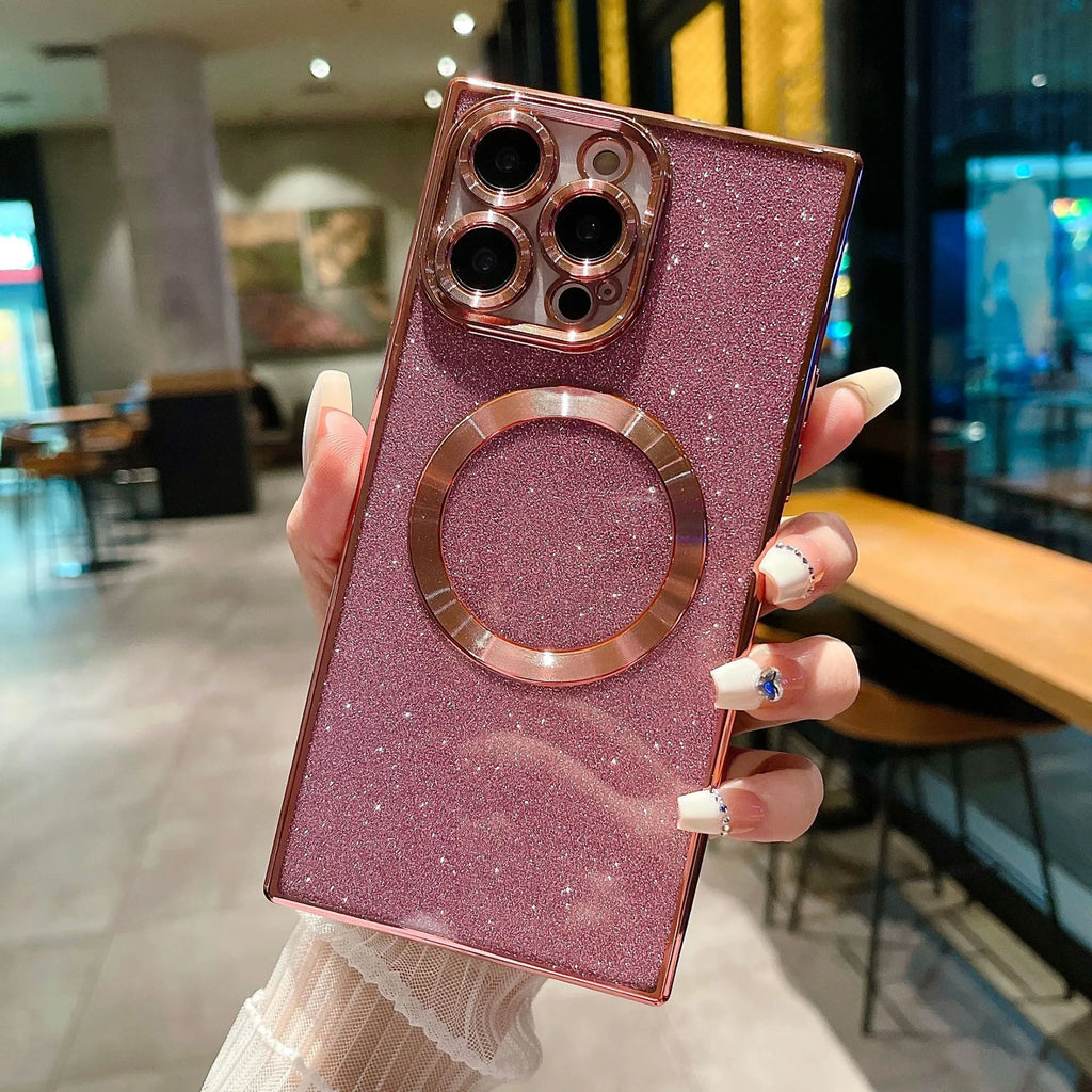 Square electroplated transparent solid colour magnetic phone case for iPhone, TPU PC, fall protection
