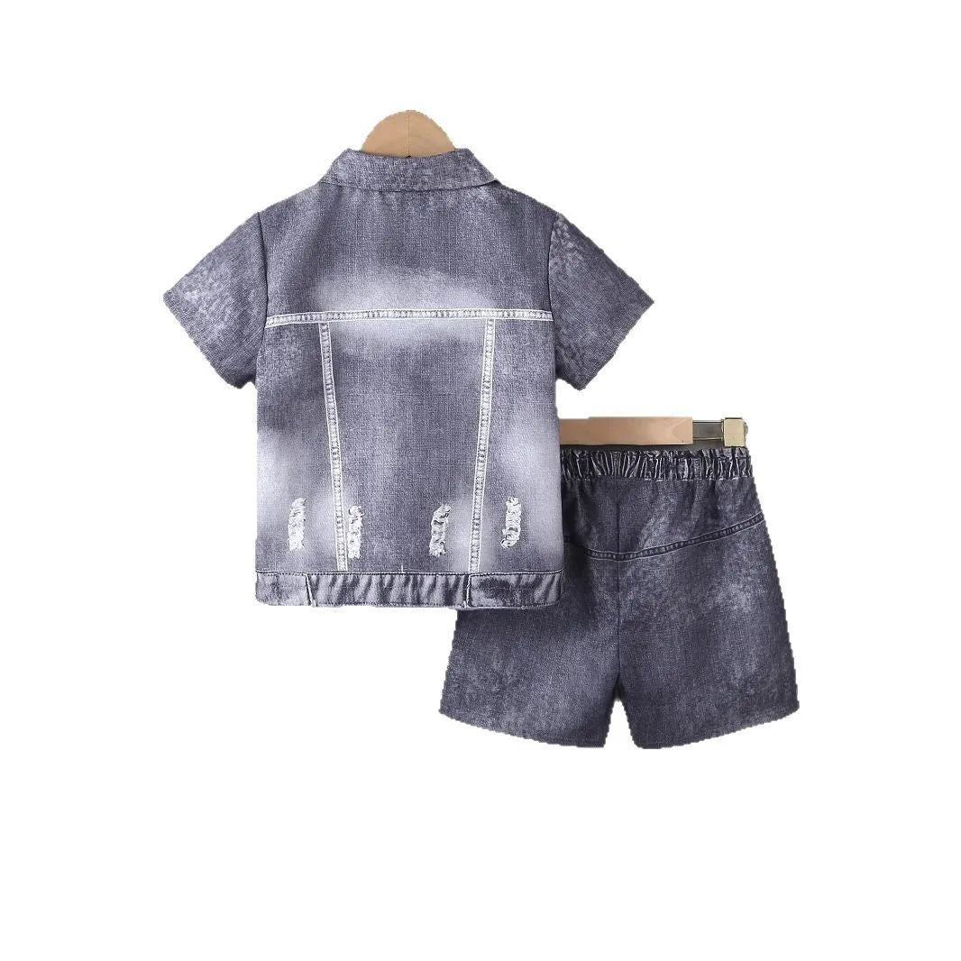 Boys grey two-piece shorts set with short-sleeved top and shorts, available in heights 4Y, 5Y, 6Y and 7Y