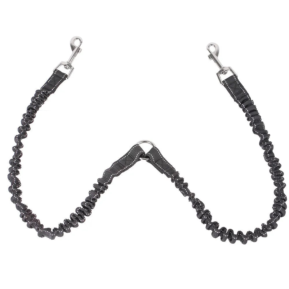 Black nylon double dog leash with two heads for walking two pets