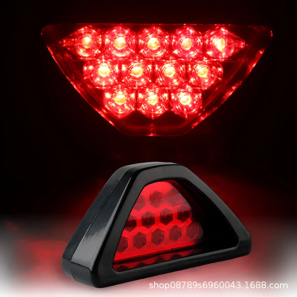 Universal triangular LED rear fog and brake warning light for cars and motorcycles