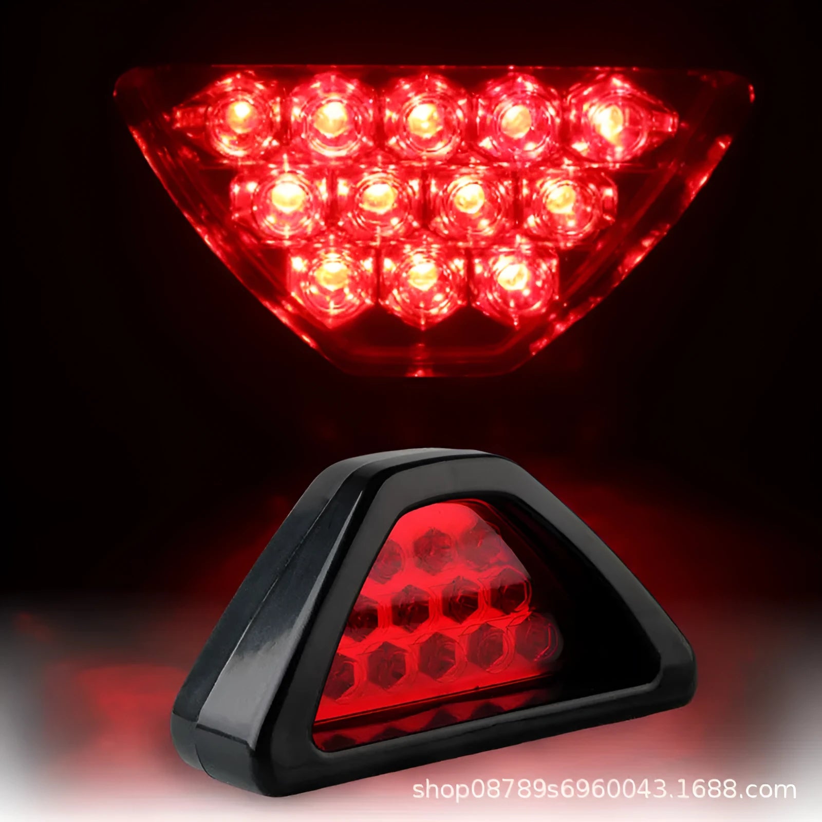 Universal triangular LED rear fog and brake warning light for cars and motorcycles