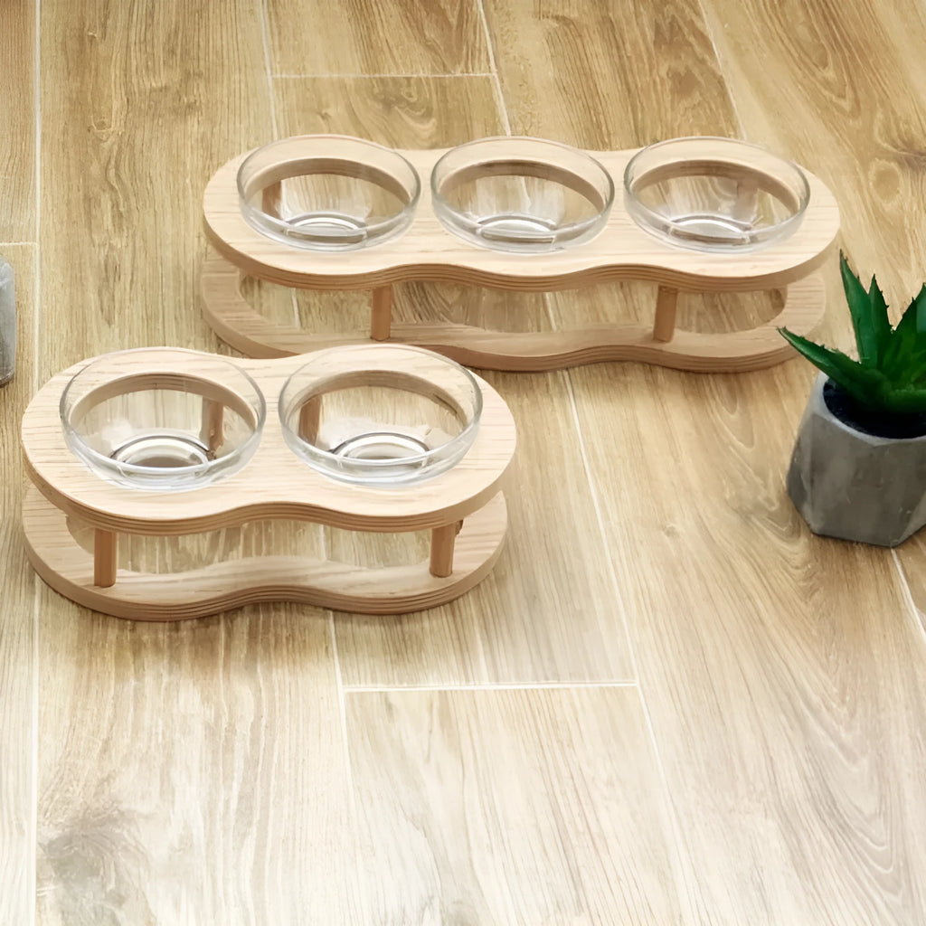 Wooden raised pet bowl stand with glass bowls, available in small, medium and large sizes for cats and small dogs.