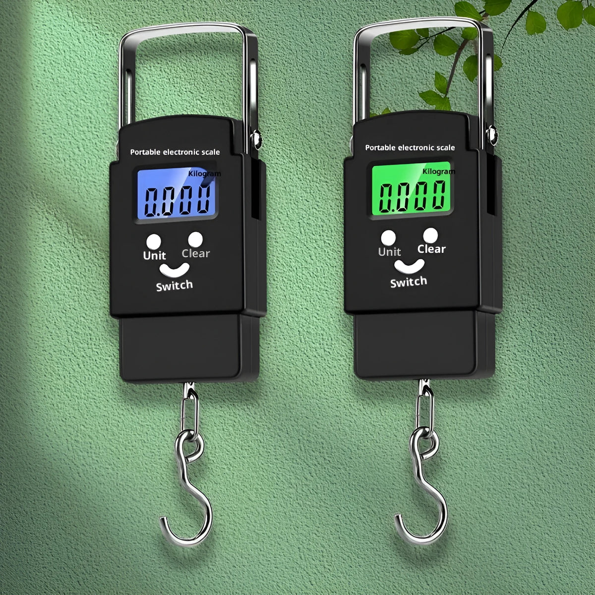 Mini handheld electronic scale with 50kg capacity and blue backlight option for luggage and shopping