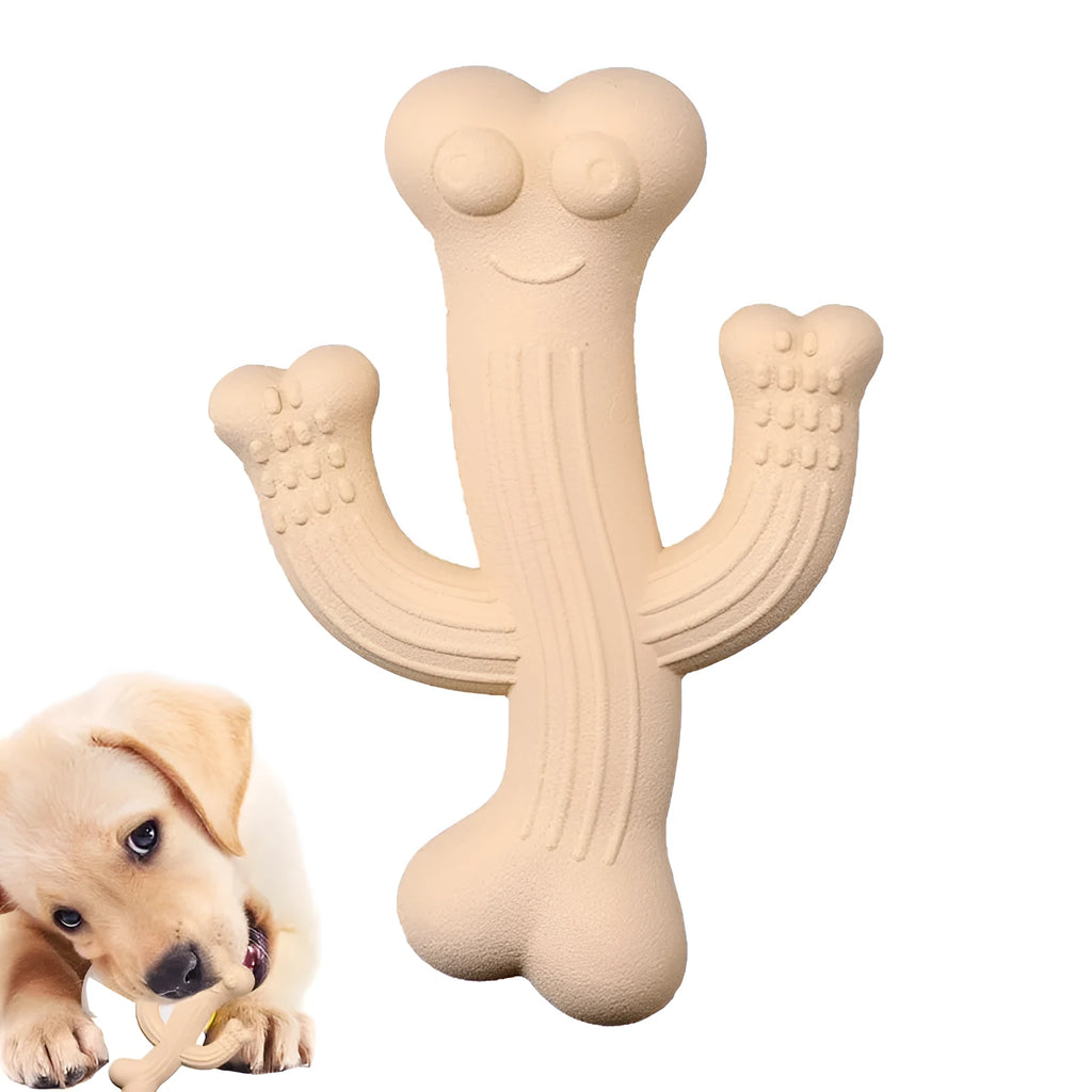 Cactus-shaped dog chew toy in bamboo fibre and rubber construction showing size comparison