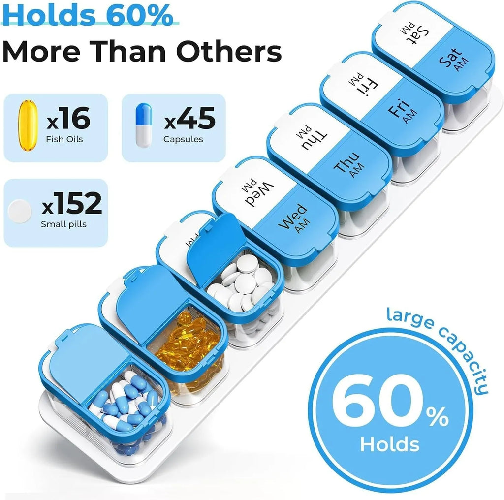 Large white and rainbow coloured plastic pill organiser box with 14 removable compartments, shown open.