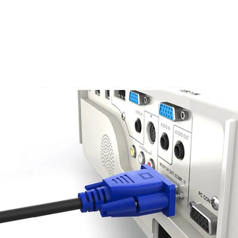 Black VGA cable with blue moulded head and nickel-plated terminals for computer to monitor connections