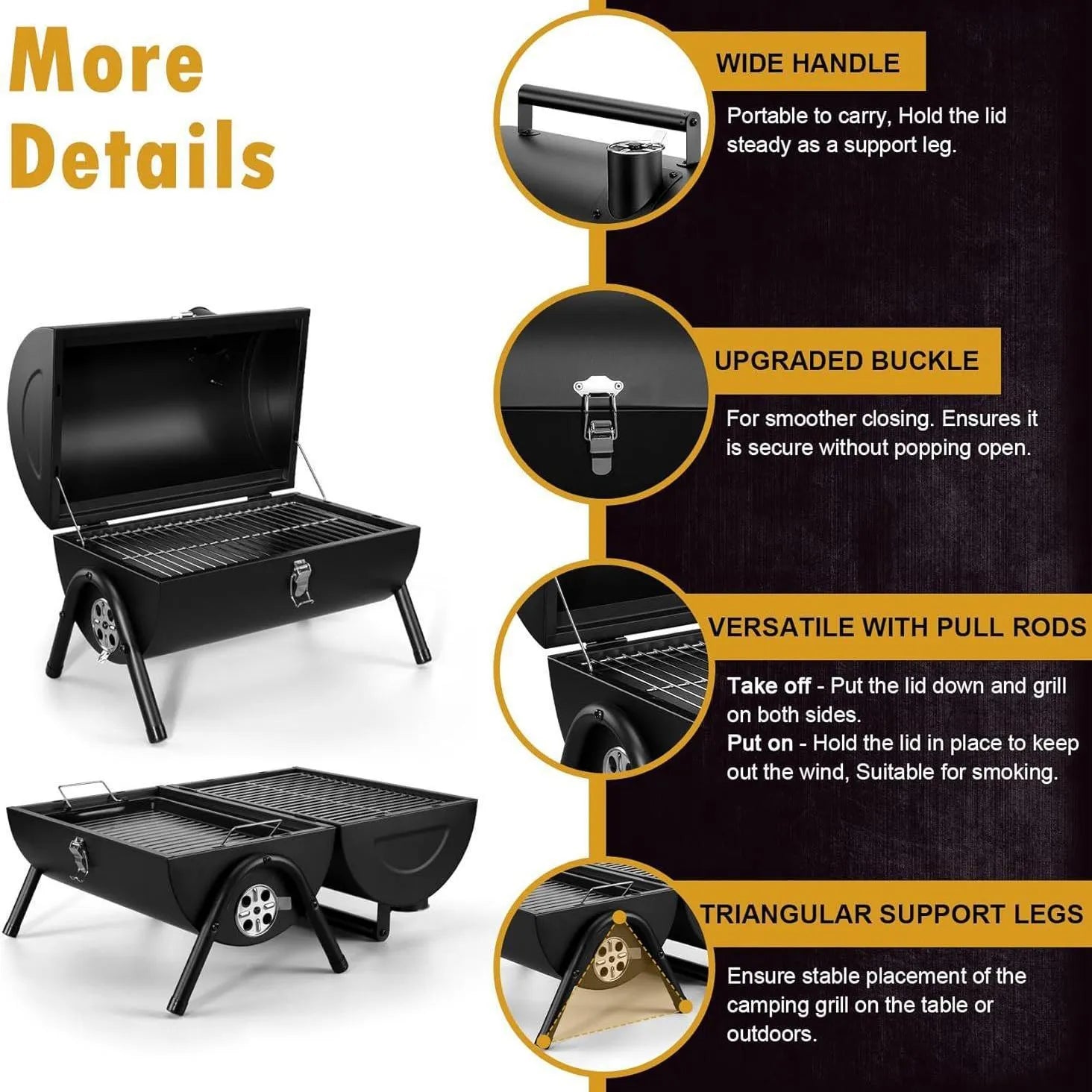 Small black folding desktop charcoal barbecue grill with temperature control knob