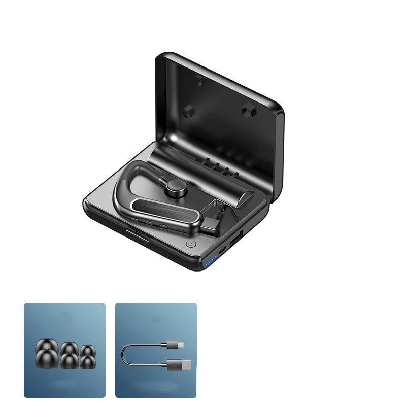 Black Bluetooth hanging-ear earphones for sports, shown with charging case and spare ear caps.