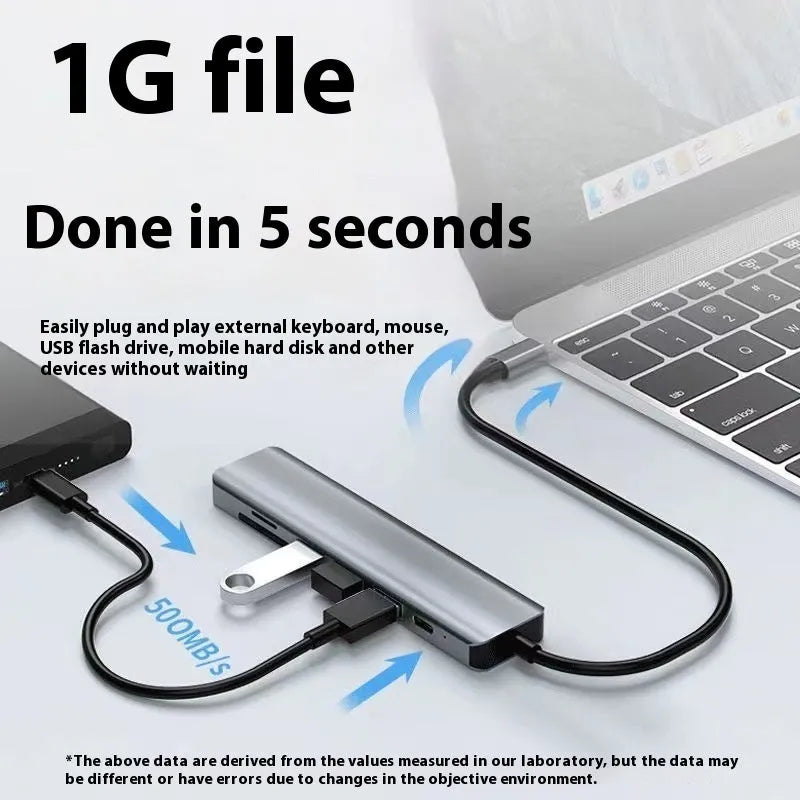 Silver 7-in-1 USB-C expansion dock with HDMI, VGA, USB ports, and a short 15cm connecting cable.