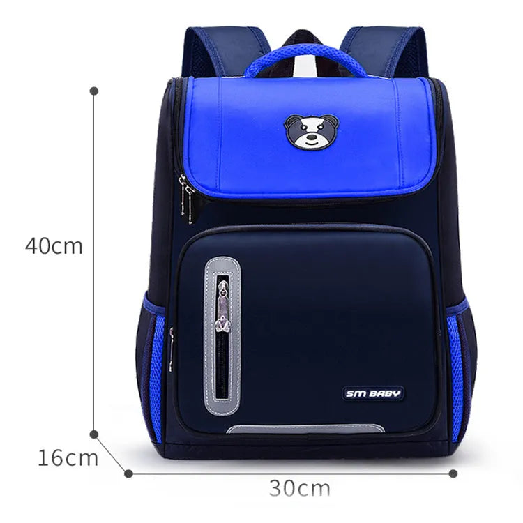 Primary school students backpack for 6-12 year olds, nylon, with multiple pockets, in navy blue, showing front view