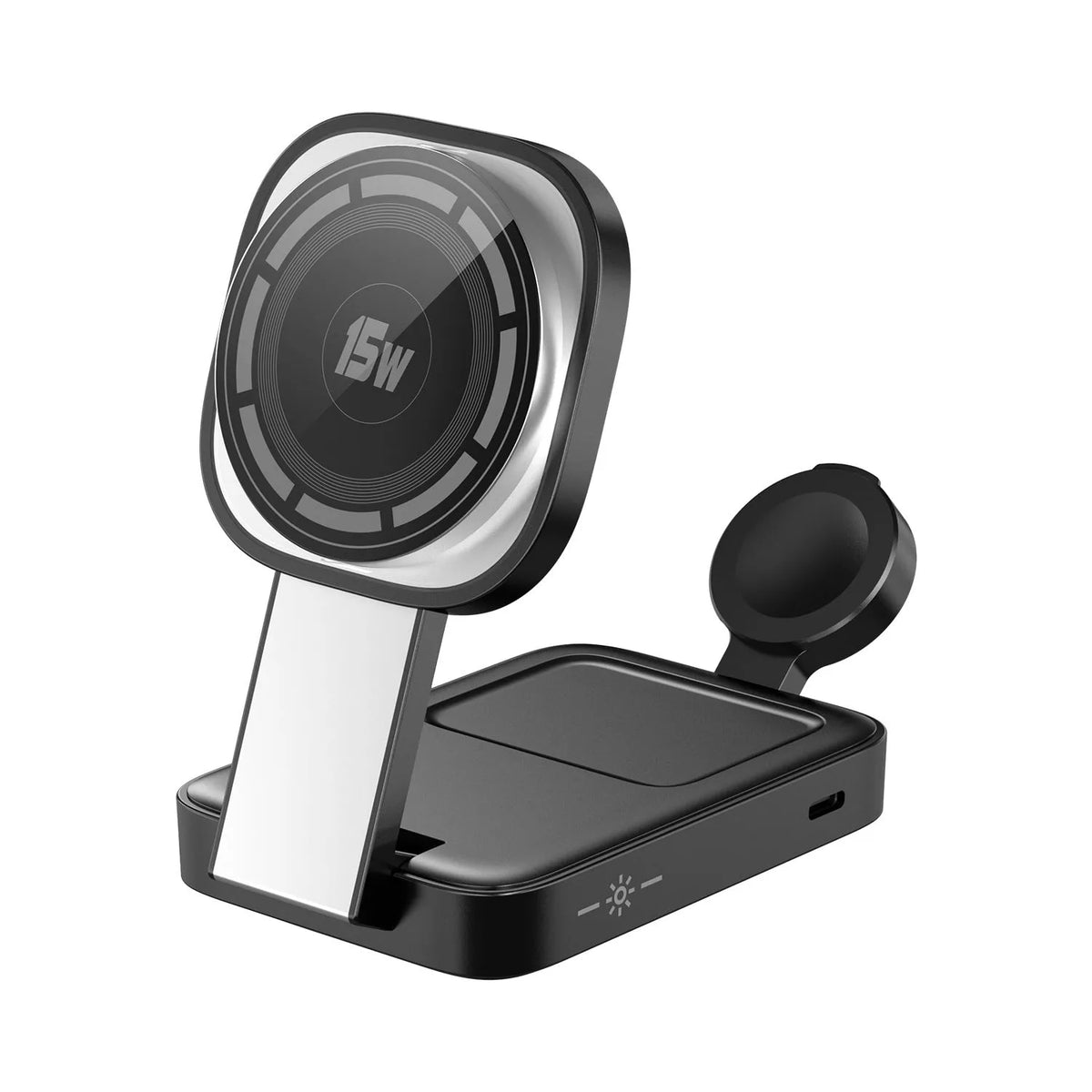 C40 foldable three-in-one wireless charger for mobile phone earphone and Apple Watch in black on a desk