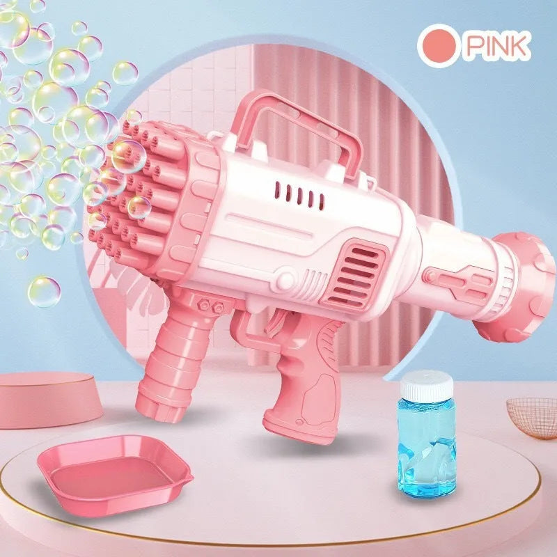 Electric 32-hole bazooka bubble machine gun in cherry pink or sky blue for children's play