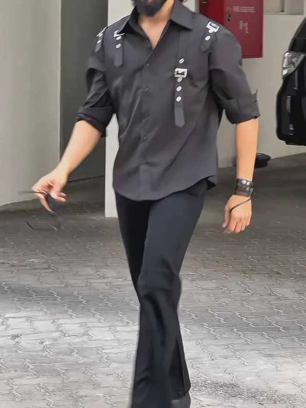 Men's black regular-fit polyester button-up shirt with a collar on a hanger.