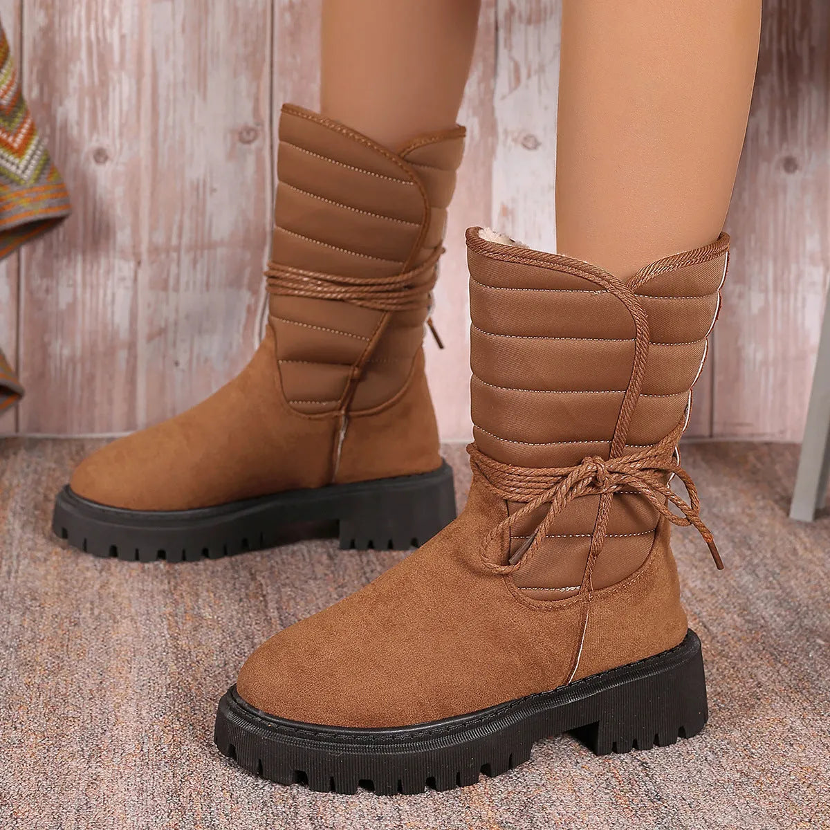 Women's chunky heel high-top snow boots in suede with fleece lining, shown in black, brown, and grey.