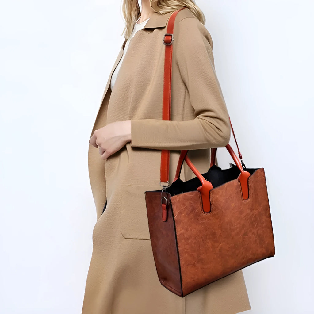 Three-piece women's PU bag set in retro style with sewing line detail, available in four solid colours
