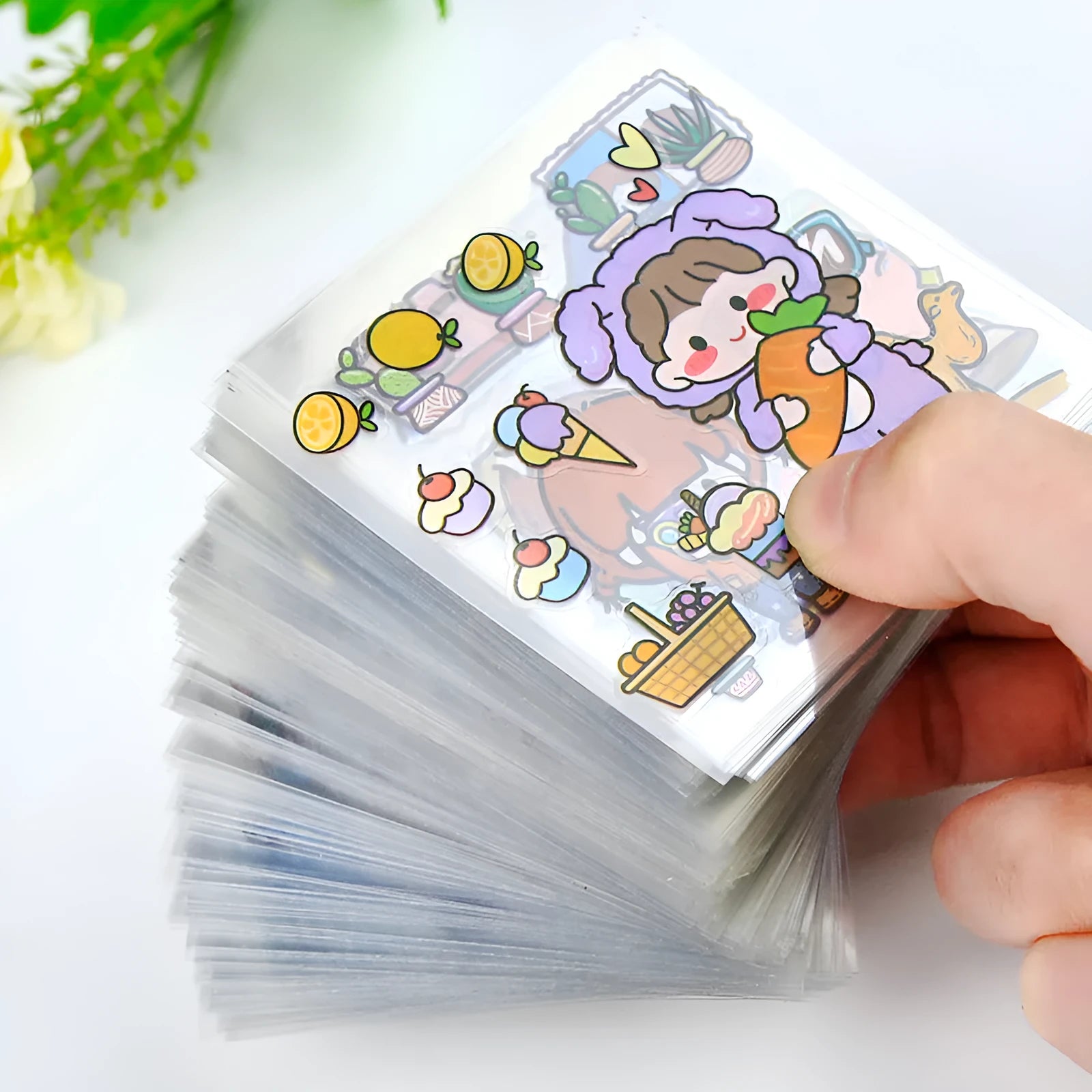 Sheet of 100 non-duplicate PET cartoon journal stickers in 6x6cm size on white background