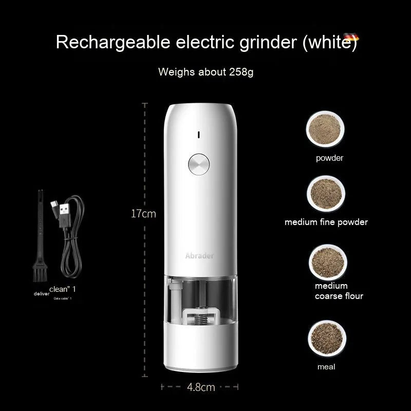 Rechargeable electric pepper and salt grinder in black, white, or silver with clear acrylic body and ceramic mechanism.