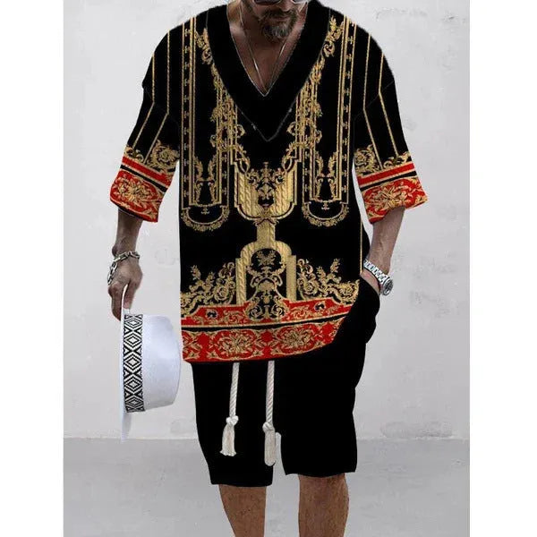 Men's loose casual short sleeve suit set with matching shorts in various colour options