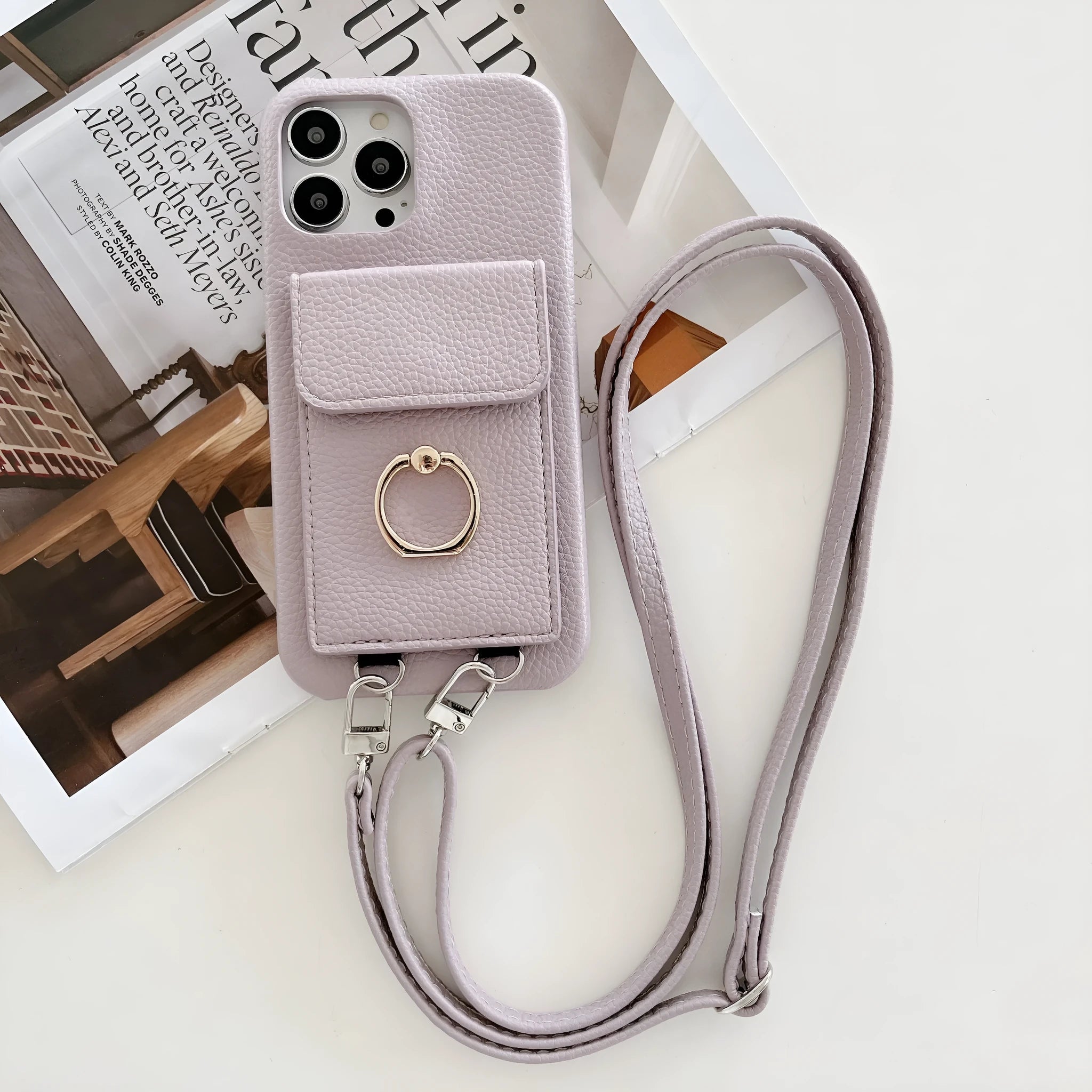 Light purple litchi pattern wallet phone case with card slots and stand