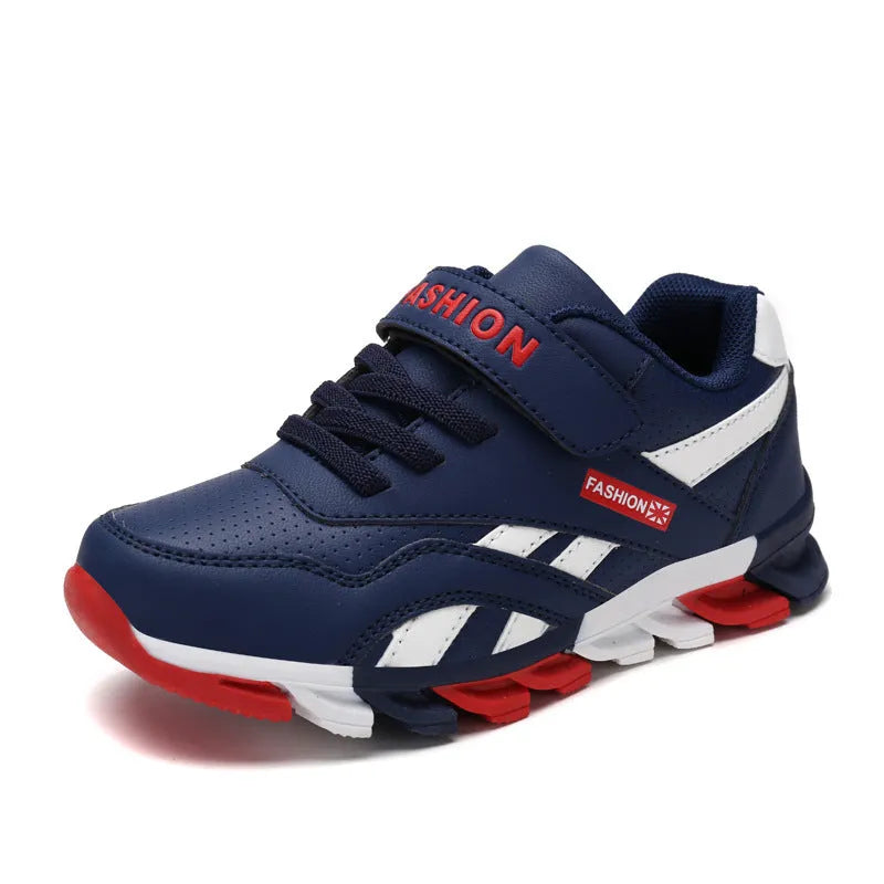 Children's grey Velcro running shoes with synthetic leather upper and rubber sole.
