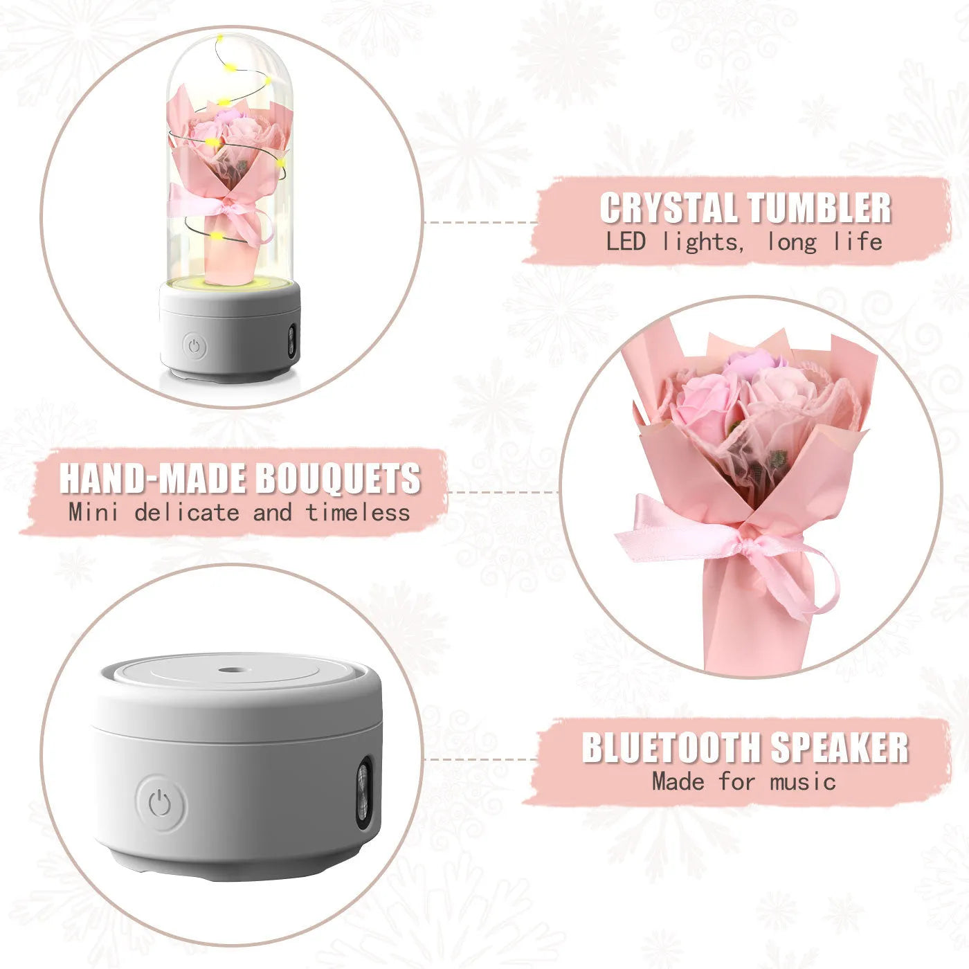 LED bouquet night light with Bluetooth speaker inside glass cover, available in multiple colours
