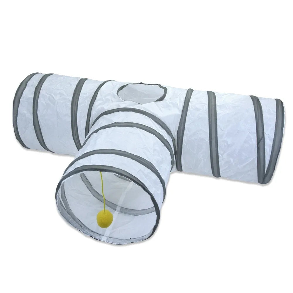 White cat tunnel rolling dragon pet toy made from polyester, shown in White S pass configuration