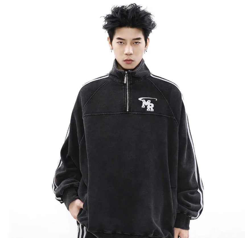 Black unisex retro casual sweater hoodie with a stand collar and long sleeves.