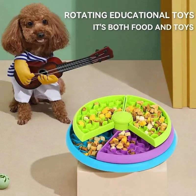 Three-tier rotating slow feeder bowl for cats and dogs, made of PP plastic, 26cm wide, with non-slip base.