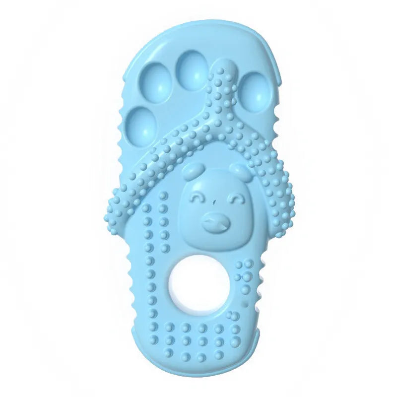Durable rubber dog chewing toy in slipper shape, blue colour, on light background